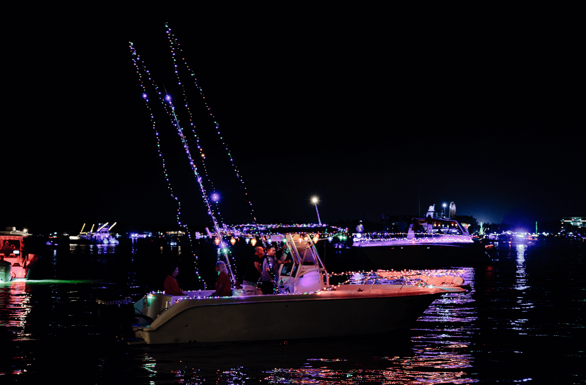 a boat with lights on it